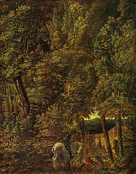 Countryside of wood with Saint George fighting the dragon